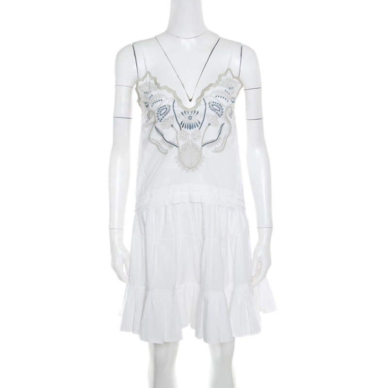 Pre Owned Chloe White Blossom Embroidered Cotton Pleated Mini Dress S