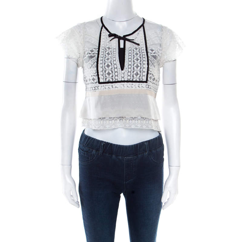 Pre Owned Chloe Off White Lace Contrast Velvet Tie Scallop Trim Detail Cropped Top S