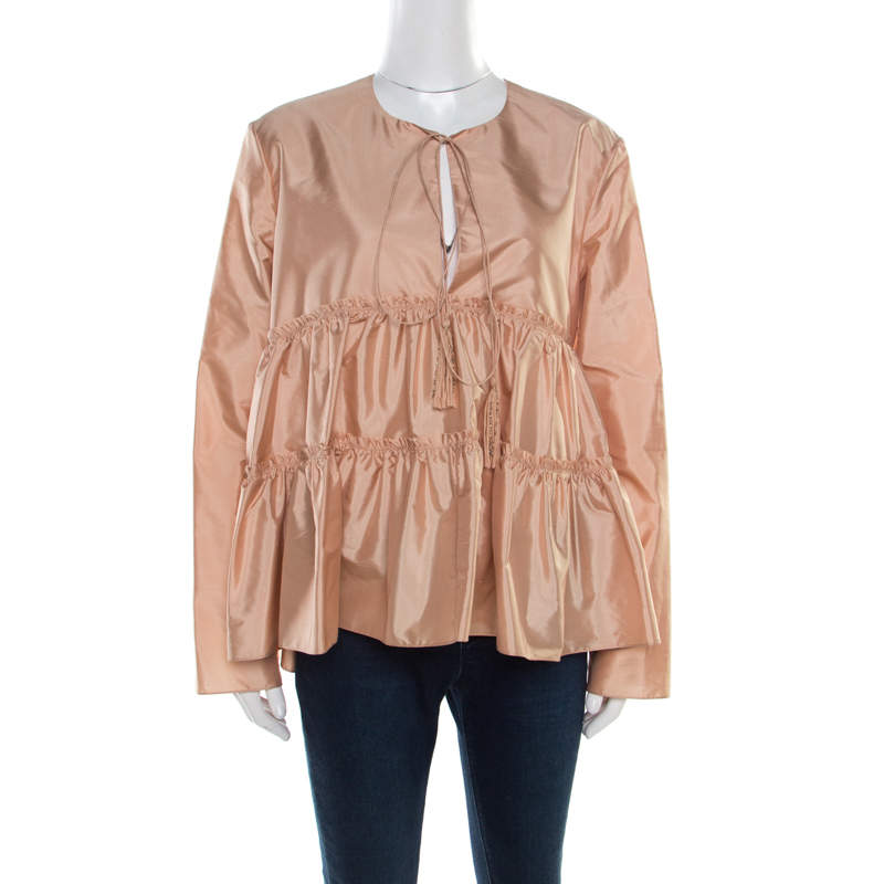 Pre Owned Chloe Peach Silk Tasseled Tie Up Tiered Parachute Top M