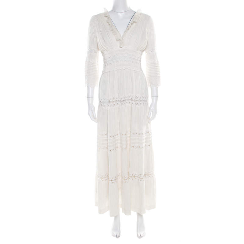 Chloe Cream Linen Pintucked Lace Paneled Maxi Dress S
