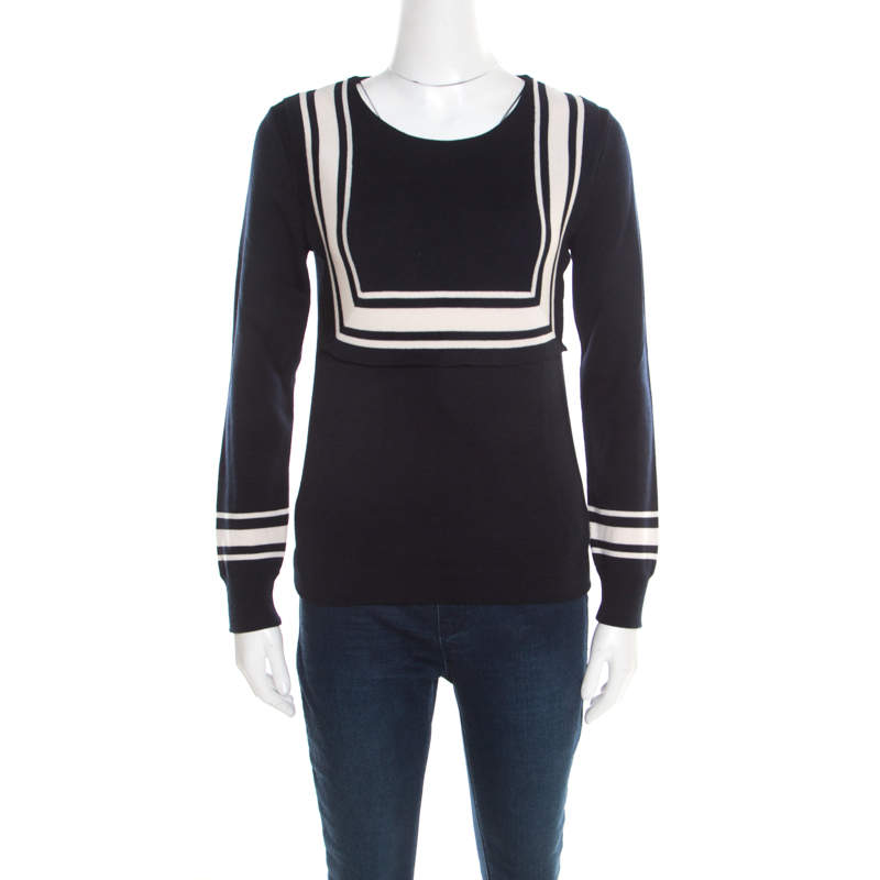 Pre Owned Chloe Navy Blue Wool Contrast Striped Trim Detail Sweater XS 