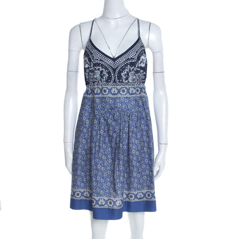 فستان كلوي قطن أزرق وأبيض مورد مطبوع بحزام خصر M