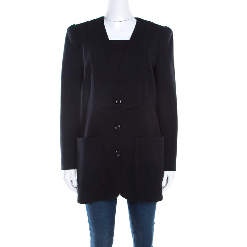 Chloe Black Wool Power Shoulder Collarless Button Front Jacket  M