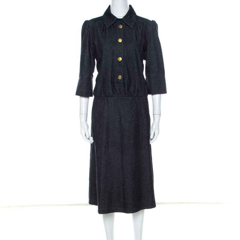 Pre Owned فستان كلوي  أكمام منفوشة دنيم نمط داكن قطن أزرق L