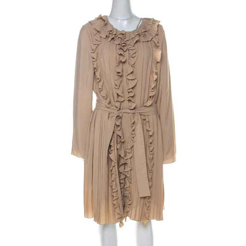 Pre Owned Chloe Beige Silk Blend Belted Front Ruffle Full Sleeve Pleated Long Dress L
