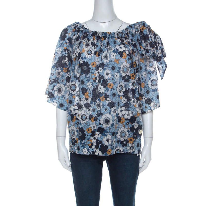 Pre Owned Chloe Blue Floral Print Cotton Gauze Bow Embellished Top S