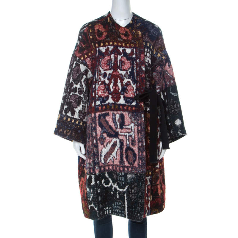 Chloe Multicolor Woven Tapestry Jacquard Waist Tie Detail Mid Length Coat S