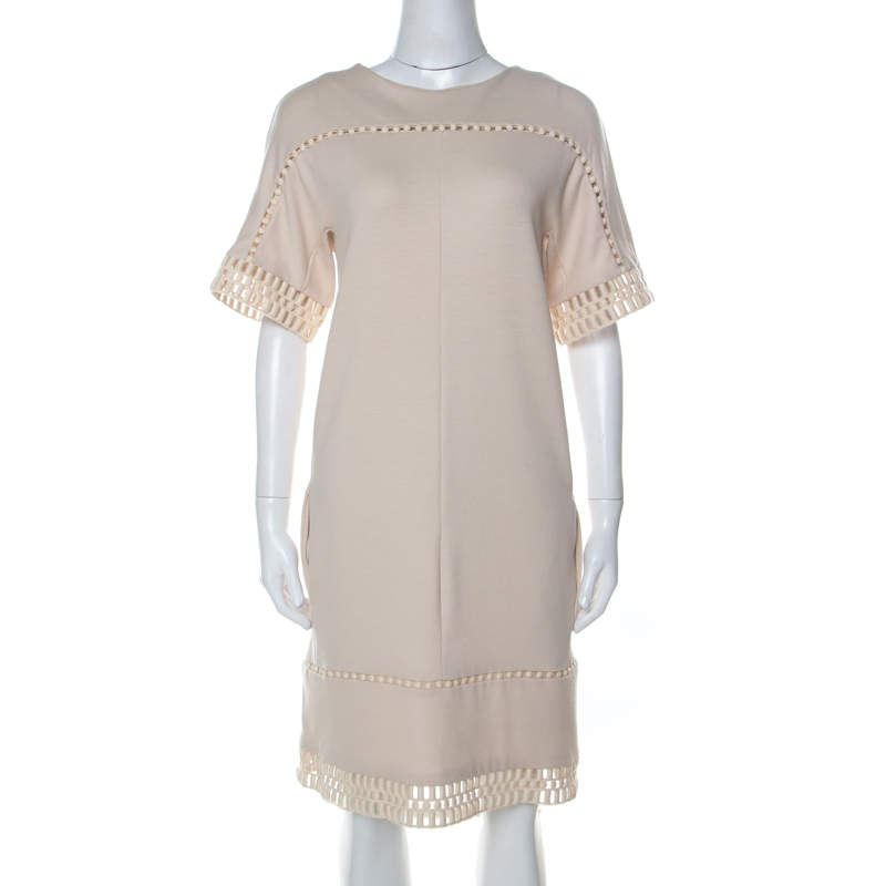 Chloe Beige Knit Embroidered Trim Detail Short Sleeve Shift Dress M 