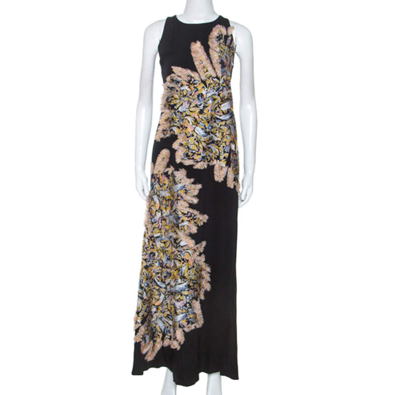 Chloe Black Crepe Embroidered Feather Detail Maxi Dress S 