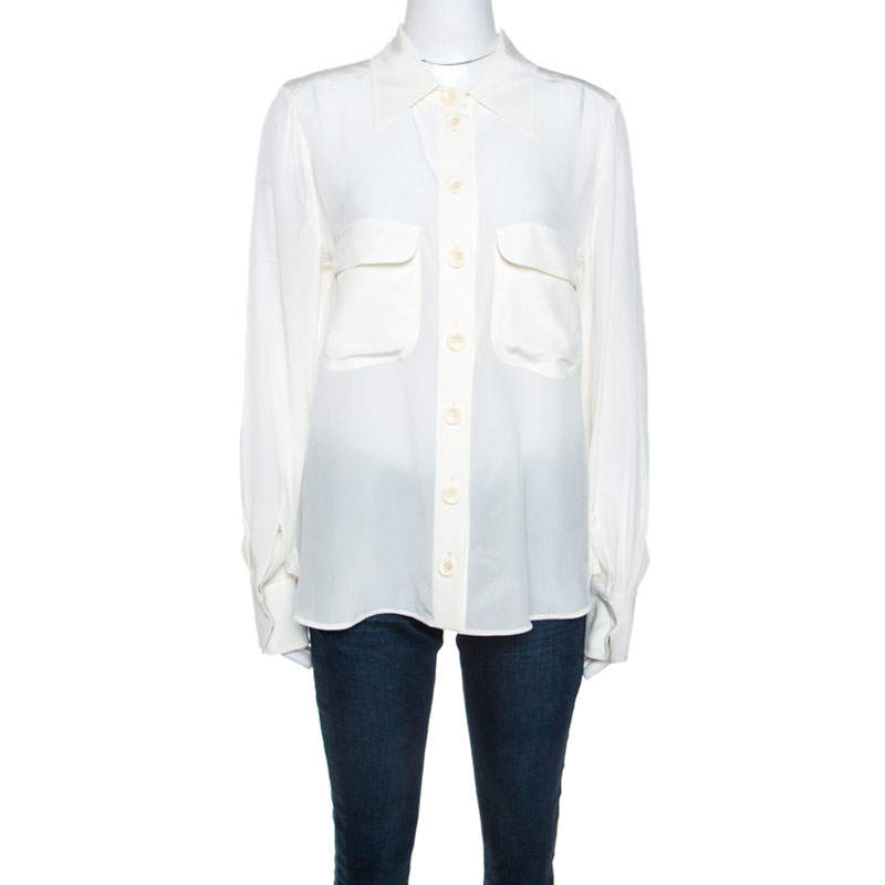 Pre Owned Chloe Off White Silk Button Front Shirt L