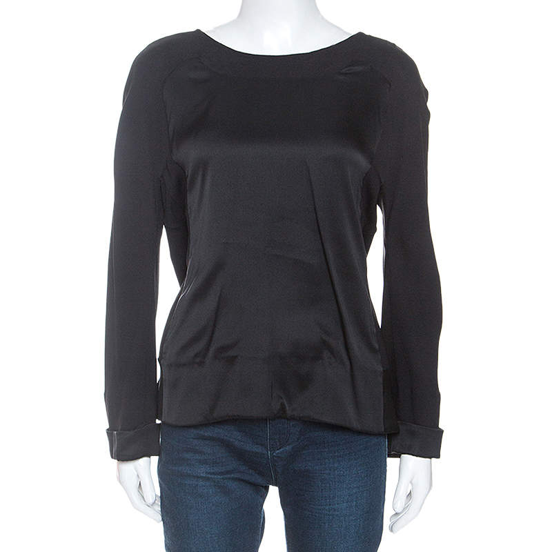Chloe Black Satin And Chiffon Back Tie Detail Long Sleeve Top L