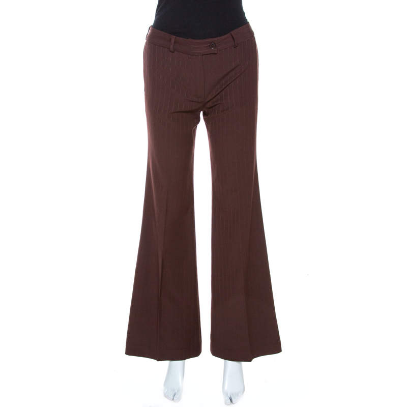 Pre Owned Chloe Brown Striped Wool Wide Leg Trousers S