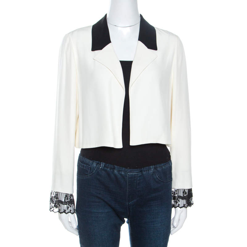Pre Owned Chloe Off White Crepe Lace Trim Vintage Cropped Blazer M