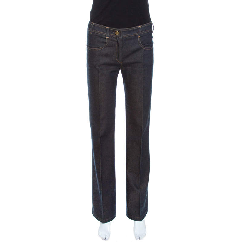 Pre Owned Chloe Dark Navy Denim Embellished Pocket Detail Wide Leg Jeans S