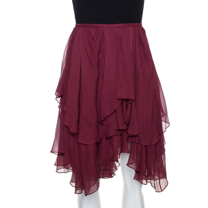 Pre Owned Chloé Burgundy Georgette Silk Asymmetric Layered Mini Skirt M