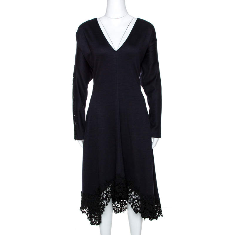 Chloé Navy Blue Stretch Wool Lace Trim Flared Midi Dress M Chloe | The ...