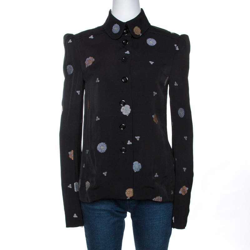 Pre Owned Chloé Black Floral Motif Jacquard Button Front Blouse M