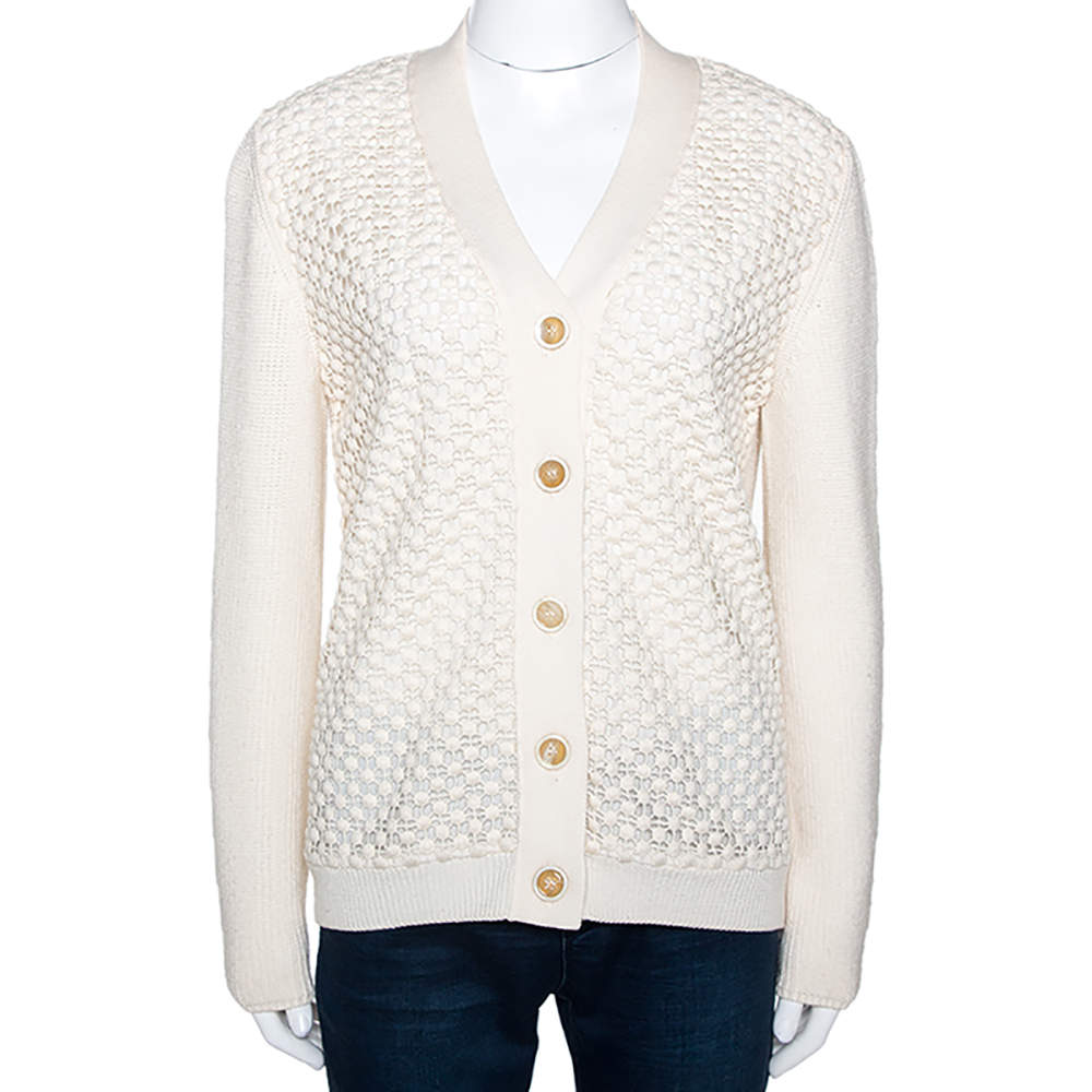 Chloe Naturel Wool Knit Lace Paneled Button Front Cardigan M