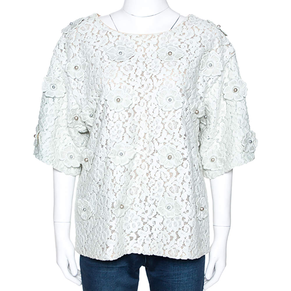 Pre Owned Chloe Vert D Eau Floral Lace Appliqued & Bead Embellished Blouse M