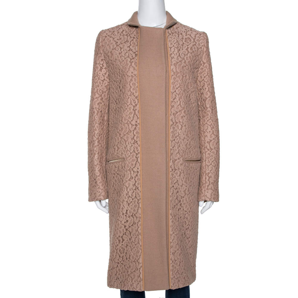 Pre Owned Chloe Pink 19 Wool & Lace Overlay Button Front Coat S