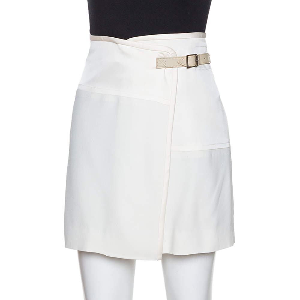 Pre Owned Chloe Cream Crepe & Silk Trim Buckle Detail Mini Skirt M 
