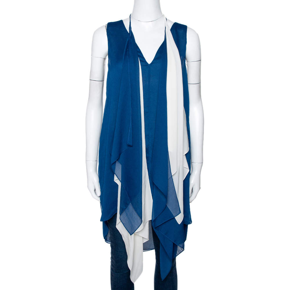 Pre Owned Chloe Tuareg Blue Crepe Scarf Detail Sleeveless Top L