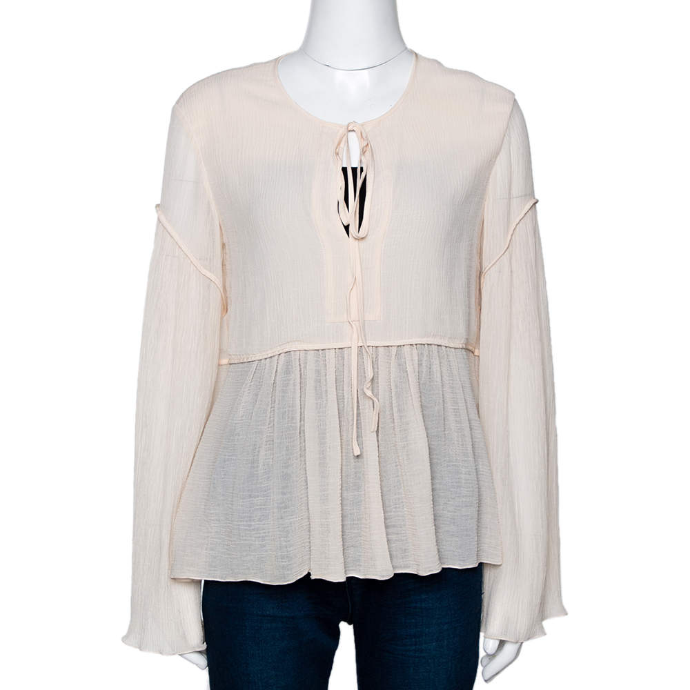 Pre Owned Chloe Cream Cotton & Silk Crepon Gathered Blouse S