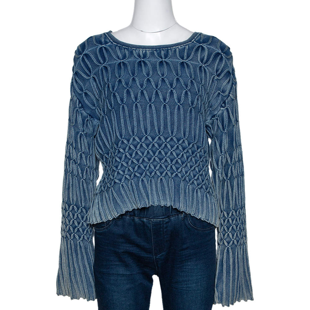Chloe Blue Medium Washed & Smocked Cable Knit Sweater XS