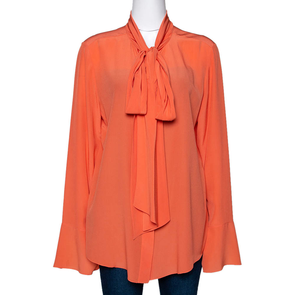 Pre Owned Chloe Orange Silk Crepe Bow Tie Front Blouse XL