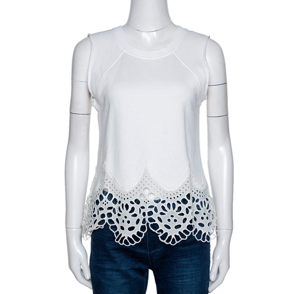 Pre Owned Chloe White Cotton Lace Trim Sleeveless Top S