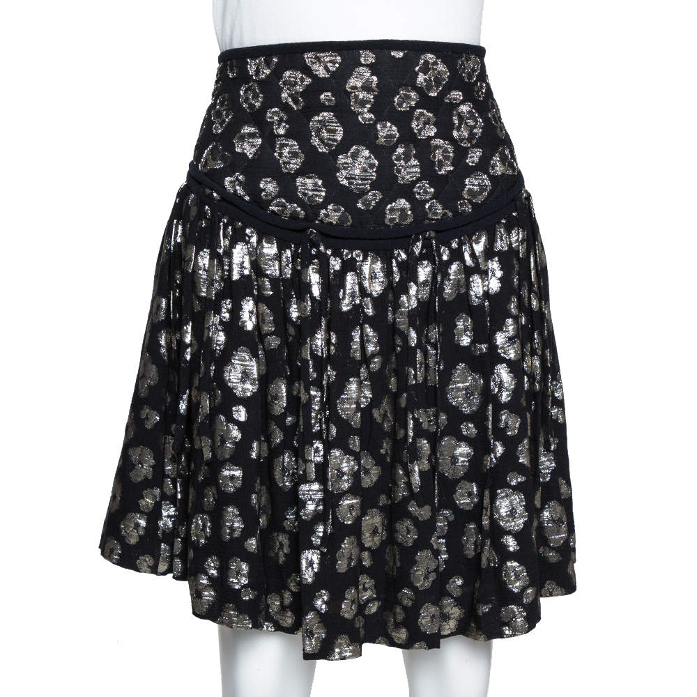 Pre Owned Chloe Black & Gold Metallic Silk Jacquard Pleated Short Skirt M