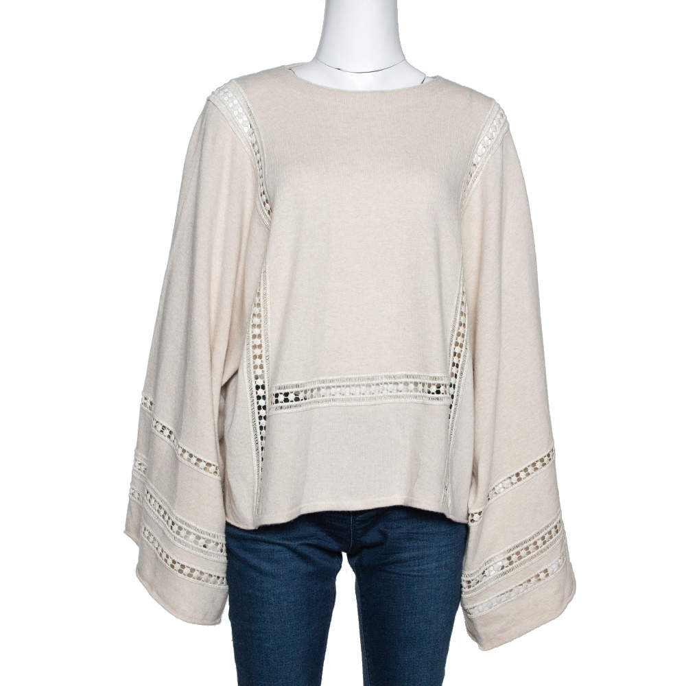 Pre Owned Chloé Beige Cashmere Wool Guipure Detailed Oversized Sweater S