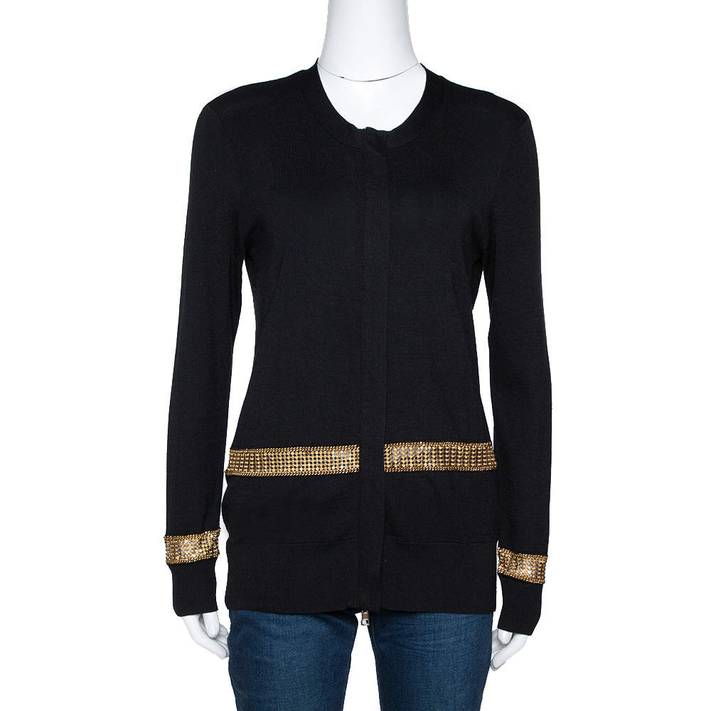 Pre Owned Chloe Black Cotton Silk Knit Metal Trim Zip Front Cardigan M
