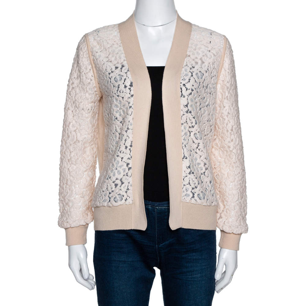 Pre Owned Chloé Peach Cashmere Wool Guipure Lace Detail Open Cardigan M