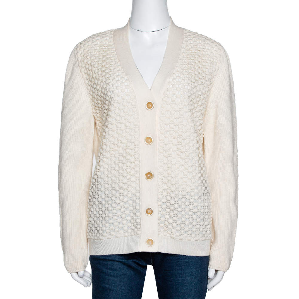 Chloé Natural Cream Wool Lace Overlay Button Front Cardigan L