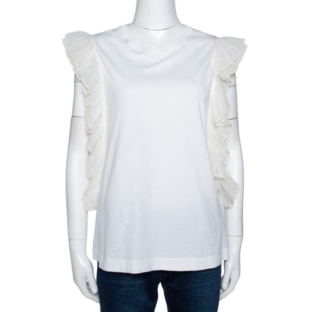 Pre Owned Chloe White Cotton Ruffled Silk Trim Sleeveless Top L