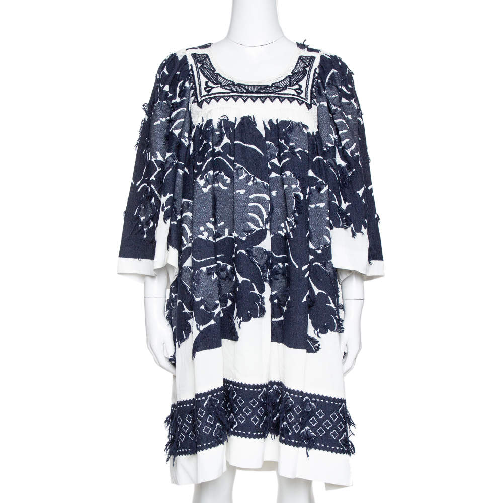 Pre Owned Chloe Navy & White Fringed Jacquard Lace Trim Shift Dress L