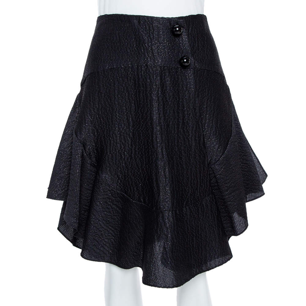 Pre Owned Chloe Black Lurex Seersucker Silk Ruffle Detail Skirt M