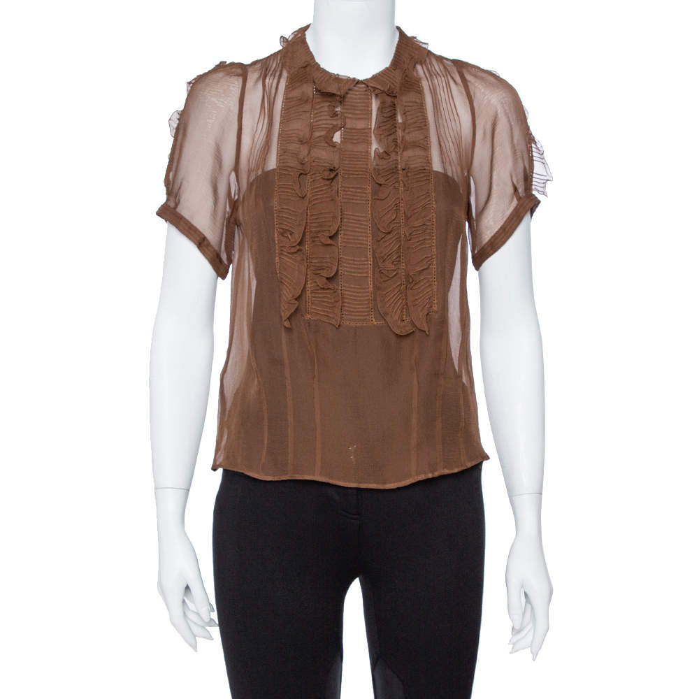 Pre Owned توب كلوي حرير شفاف بني مكشكشة مقاس متوسط - ميديوم