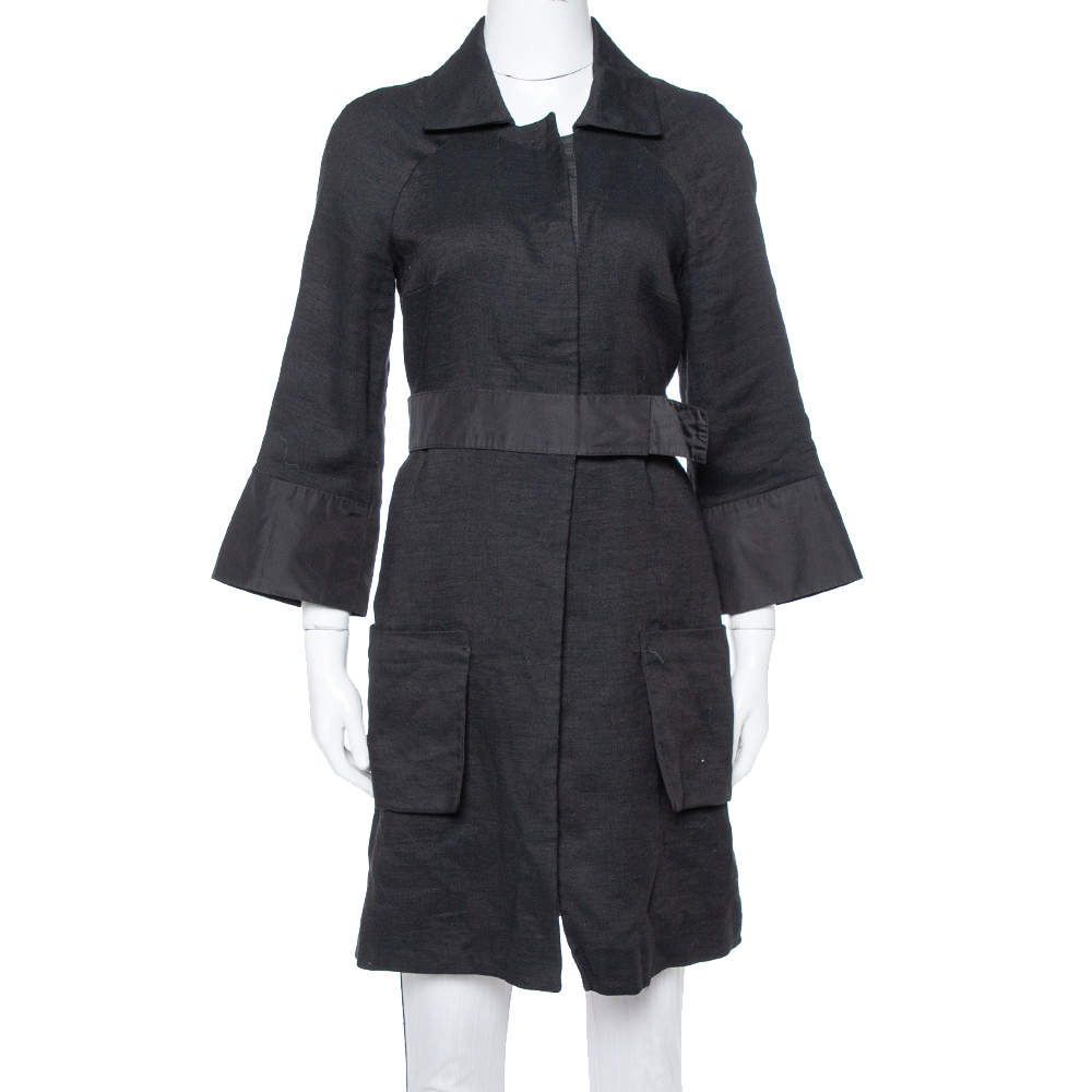 Chloe Black Linen Satin Detail Knee Length Coat M