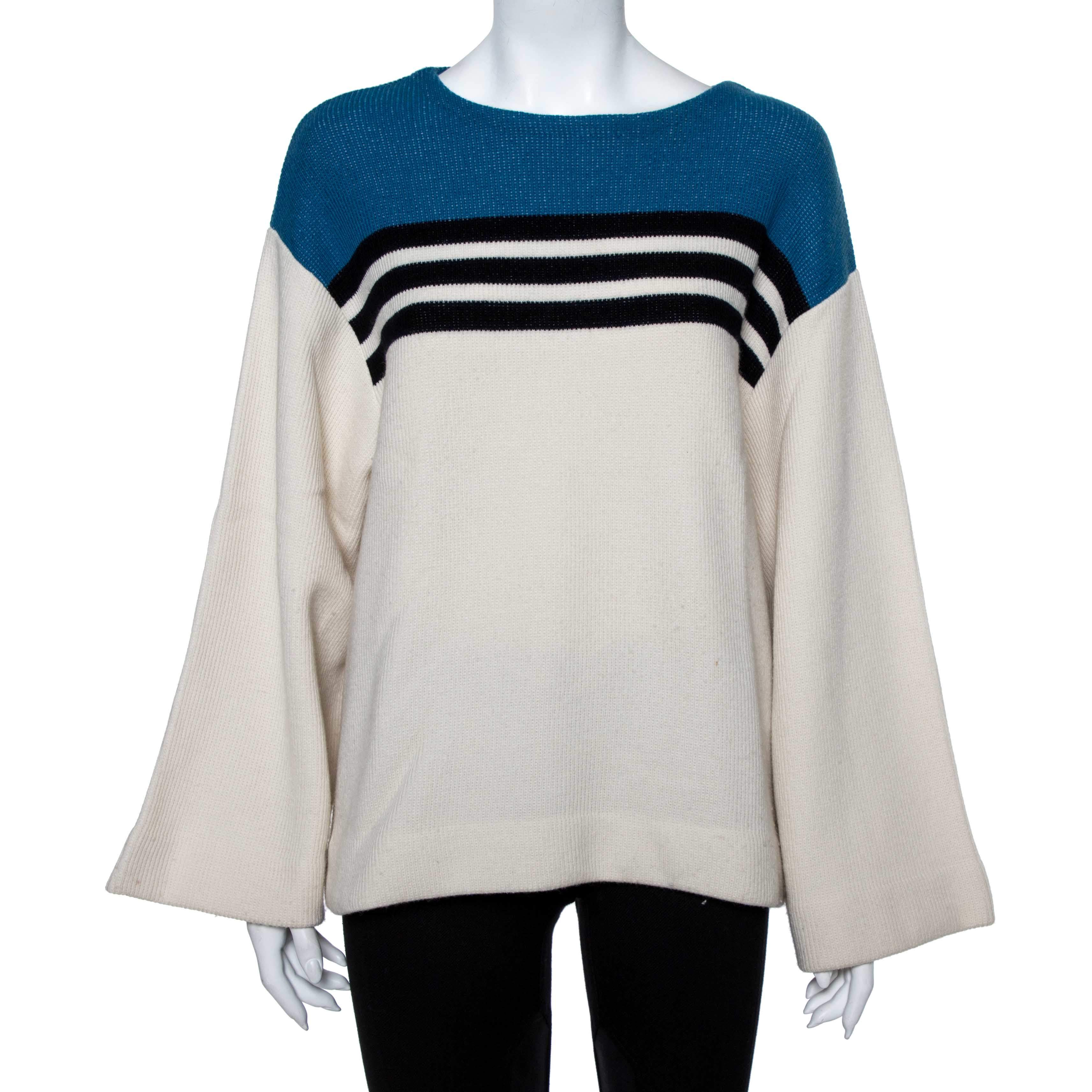 Pre Owned Chloe Cream & Blue Striped Cashmere Wide Sleeve Sweater M