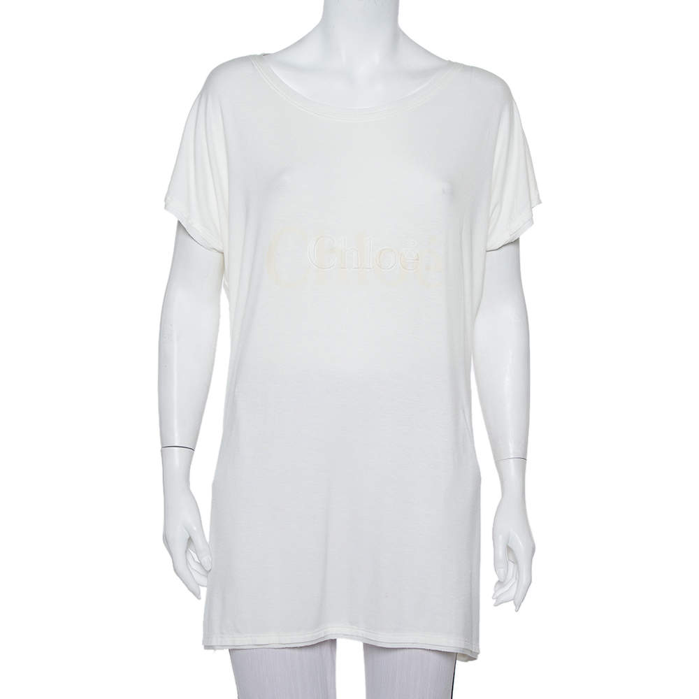 Pre Owned Chloe Cream Knit Logo Printed Tunic L