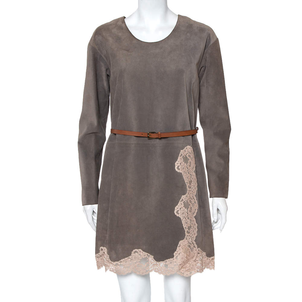 Chloe Grey Suede Lace Trim Detail Belted Dress S