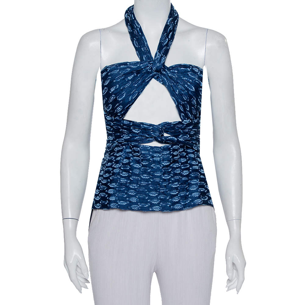 مملوكة مسبقًا Chloe Cyan Blue Fil Coupe Jacquard Silk Halter Neck Cut Out Detail Top M