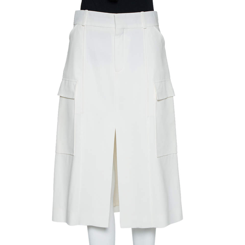 مملوكة مسبقًا Chloe  White Crepe Pocket Detail Paneled Midi Skirt M