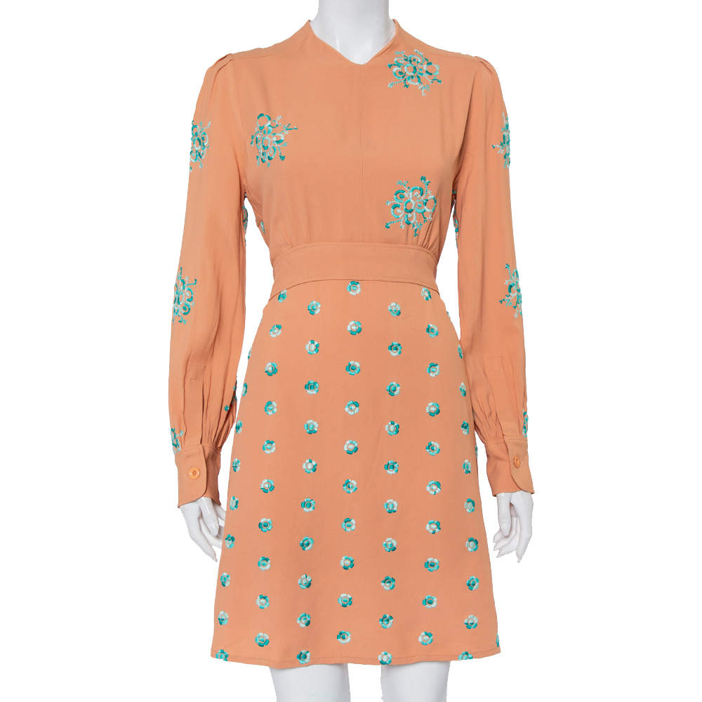 مملوكة مسبقًا Chloe Peach Embroidered Crepe Waist Tie Detail Shift Dress M
