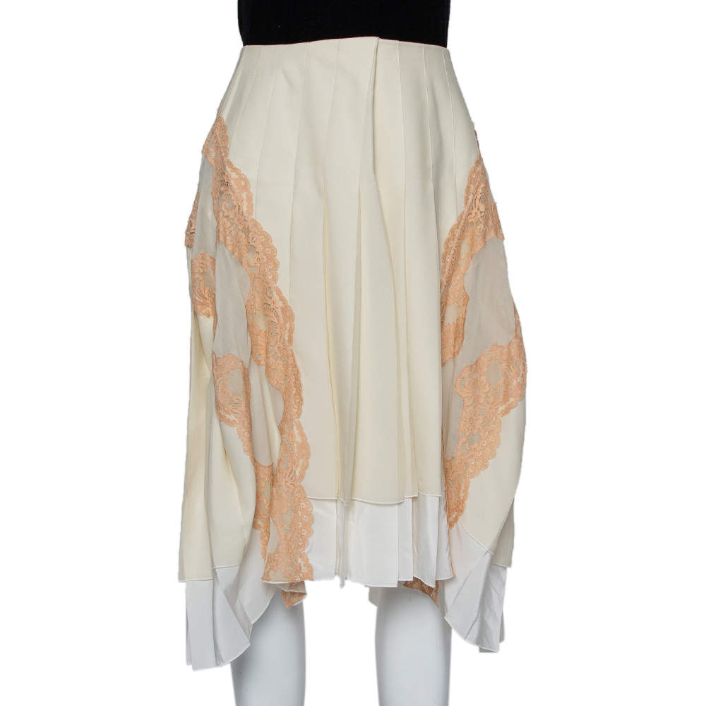 Chloe Cream Silk Chiffon lace trim Asymmetric hem Detail Pleated Midi Skirt M