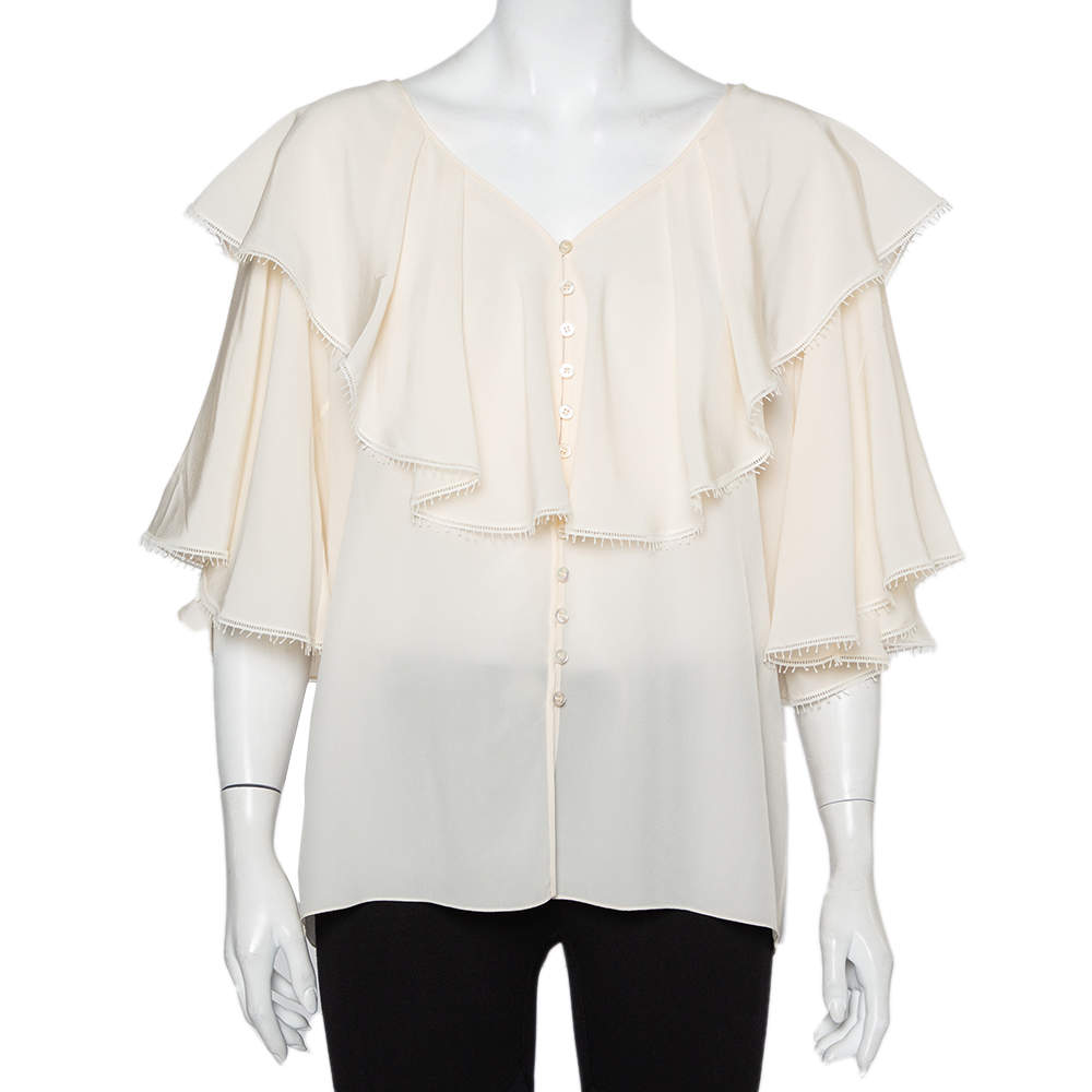 Pre Owned توب كلوي أزرار أمامية مكشكش حرير ريمي مقاس كبير