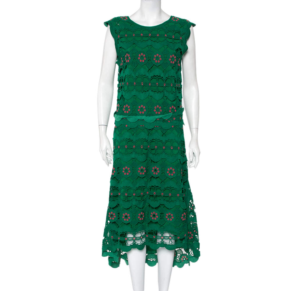 Pre Owned Chloé Green Guipure Lace Asymmetric Hem Midi Dress M