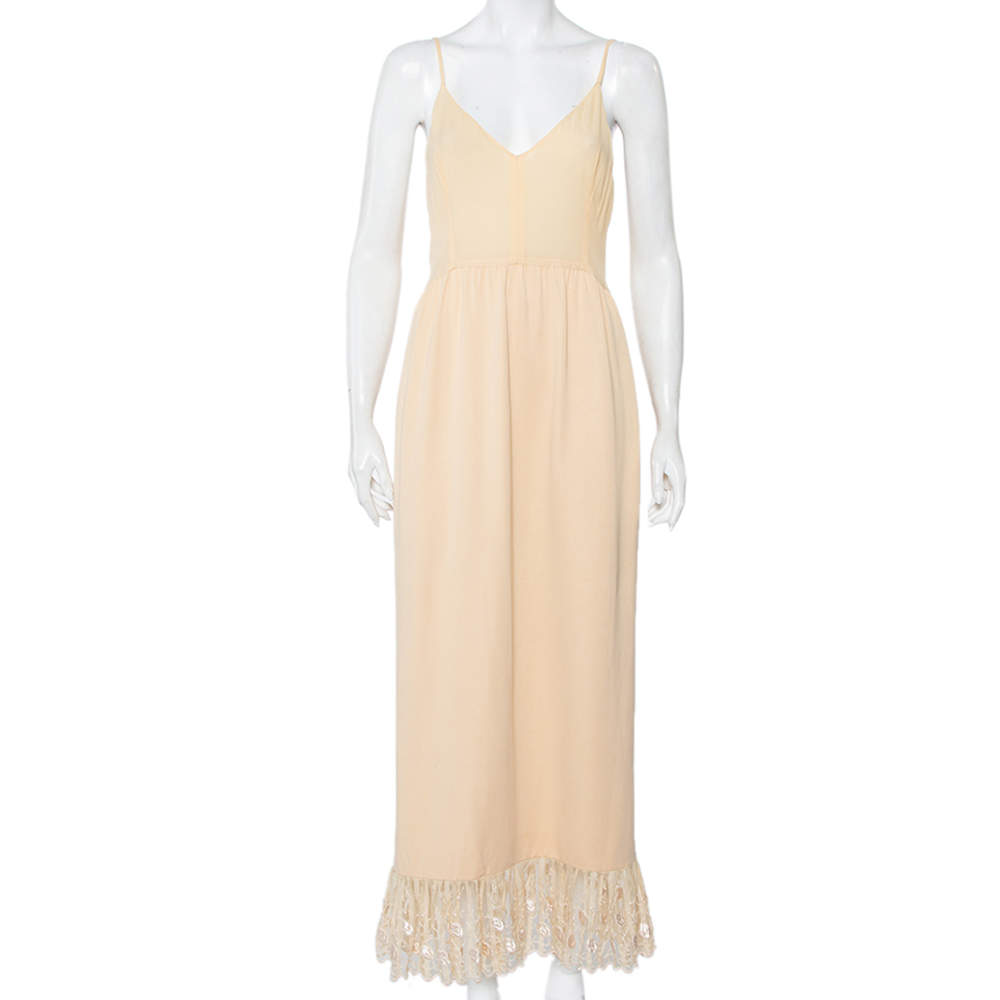 Chloe Vintage Beige Silk & Crepe Paneled Lace Trim Maxi Dress M